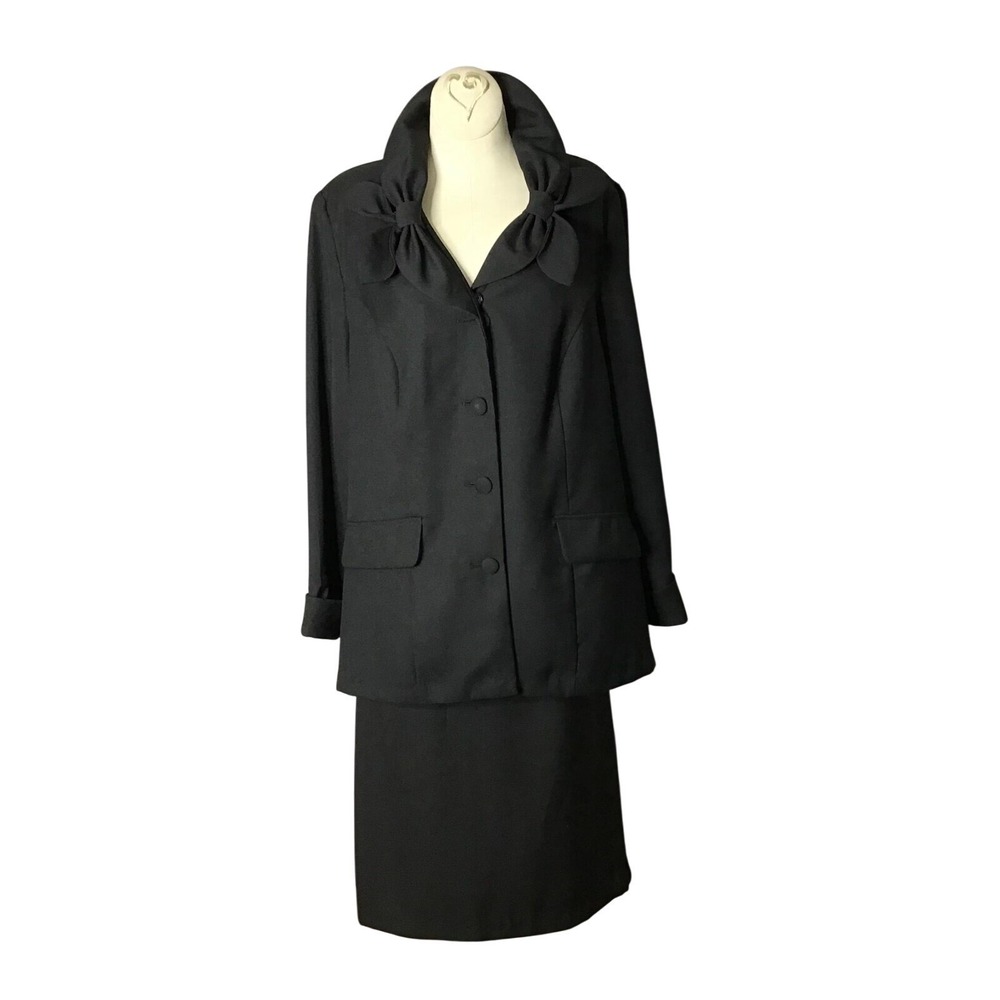 Vintage Black Skirt Suit Set Bow Collar Jacket Career Business Formal‎